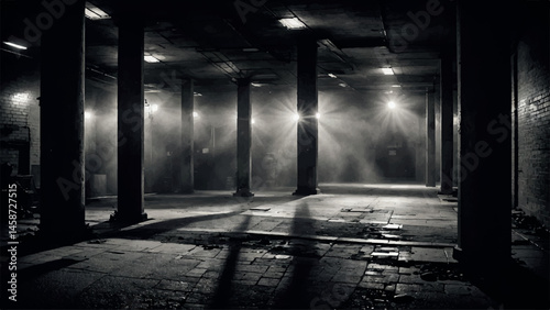 A dimly lit, abandoned underground space with aged brick walls and concrete pillars casts long shadows, creating a haunting atmosphere.