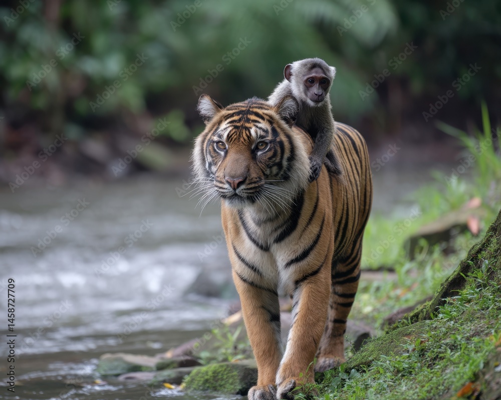 Obraz premium Wild Sumatran tiger strolls beside a serene river with a playful langur monkey perched on its back in a lush jungle setting
