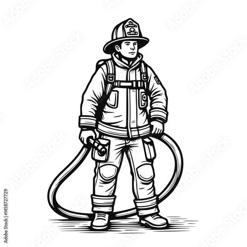 Firefighter in uniform, black and white illustration, for safety awareness campaigns