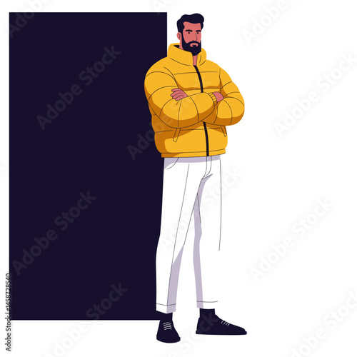 Man in Yellow Puffer Jacket Arms Crossed Illustration