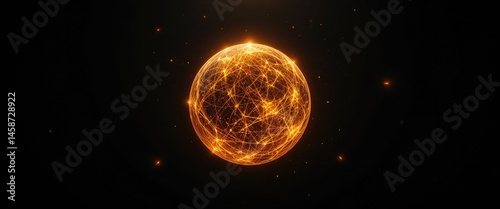 Glowing orange sphere with interconnected lines floating in a dark space with small particles around it