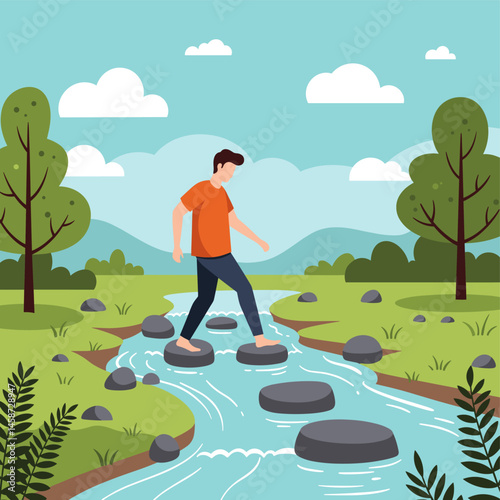 Man Crossing River on Stepping Stones Illustration