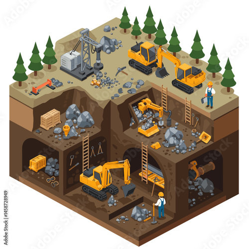 Isometric Mining Operation with Excavators and Workers Illustration