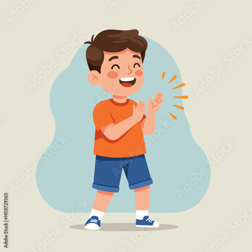 Clapping Joy: Capturing a moment of pure, unadulterated happiness, a young boy beams with joy as he enthusiastically claps his hands. The scene evokes feelings of delight and cheerfulness.