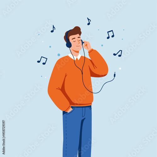 Serene Musical Moment: A man finds tranquility, immersed in music through his headphones, surrounded by musical notes in a moment of peaceful enjoyment.