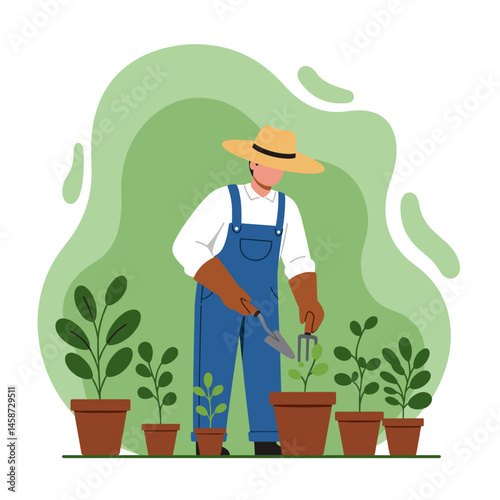 Garden Cultivation: A gardener meticulously tends to potted plants in a vibrant illustration, nurturing the fresh growth within a flourishing garden setting.