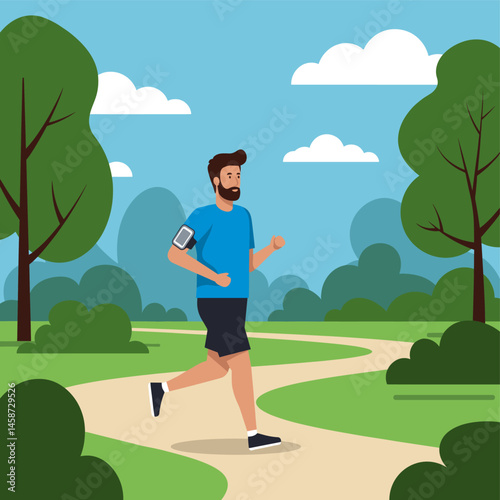 Runner in Park:  A bearded man with a determined look runs along a path in a vibrant park, wearing athletic clothes and an armband with his smartphone, embracing a healthy and active lifestyle.