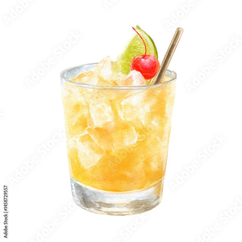 Rum Punch cocktail glowing with sunset island colours. Watercolor illustration on transparent background.