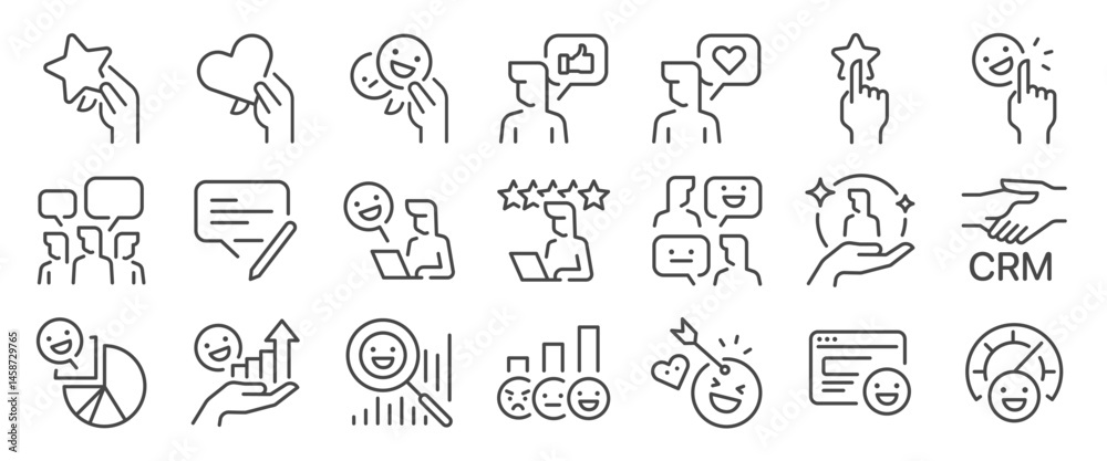 Satisfaction icon set. It includes feedback, review, survey, engagement and more icons. Editable Vector Stroke. Satisfaction icon set. It includes feedback, review, survey, engagement and more icons. Editable Vector Stroke.