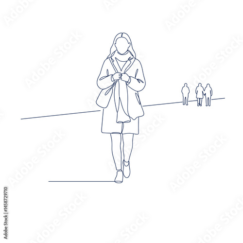 Single file Line Art: A minimalist line art depiction of an individual casually strolling along a simple path, other figure at a distance. The artwork emphasizes simplicity and everyday life.