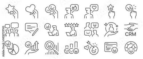 Satisfaction icon set. It includes feedback, review, survey, engagement and more icons. Editable Vector Stroke.