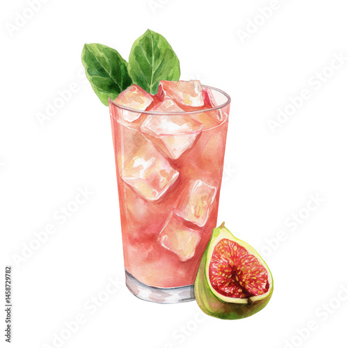 Guava Collins cocktail bursting with exotic fruit sweetness. Watercolor illustration on transparent background.