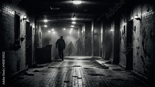 A black and white photo shows several shadowy figures running down a dimly lit, decaying corridor in what appears to be an abandoned building, with a focus on one figure in the center of the frame.