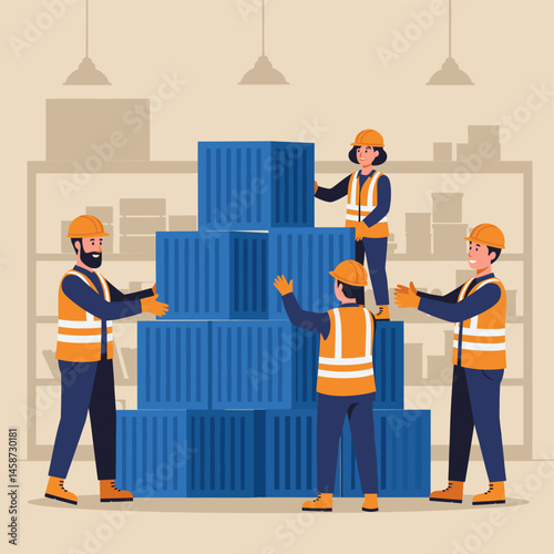 Building Harmony: A team of warehouse workers, clad in safety gear, meticulously assemble shipping containers in a warehouse, symbolizing collaborative industry.