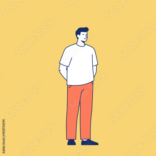 Man standing in casual wear: A stylish illustration depicting a man standing against a light yellow background. He is wearing a white t-shirt and red pants and is gazing at something beyond the frame.