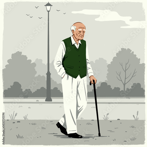 Serene Stroll of the Elder: An elderly gentleman, lost in contemplation, embarks on a leisurely walk in a tranquil park, supported by his cane.