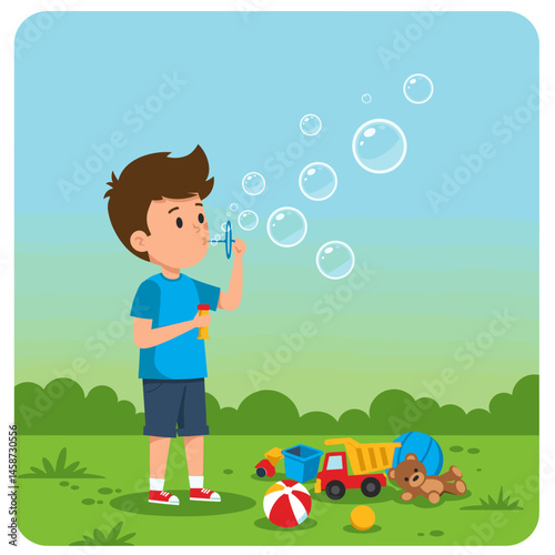 Bubbles of Joy: A young child finds pure delight as they blow a trail of shimmering bubbles into the sunny day. Beside them lay toys scattered on the grass.
