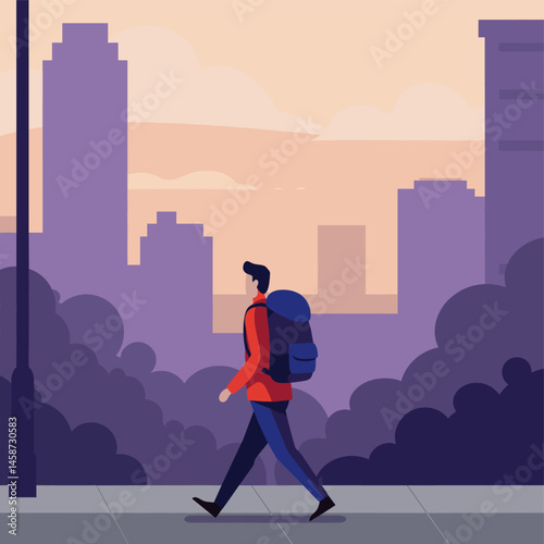 Urban Explorer: A solitary traveler strides confidently through a metropolitan cityscape, his backpack suggesting a journey of discovery against the backdrop of skyscrapers.