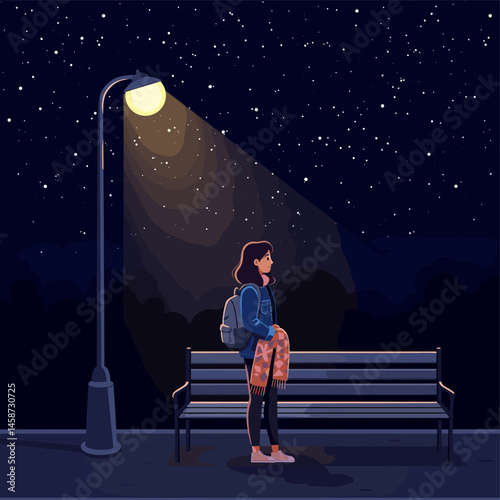 Nighttime Contemplation: A lone woman, bathed in the warm glow of a streetlight, stands pensively on a park bench beneath a vast expanse of stars. The soft.
