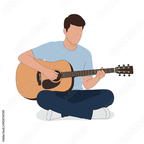 Melodic Solitude: A musician, serenading with acoustic guitar. in a moment of creative expression, sits immersed in the music. 