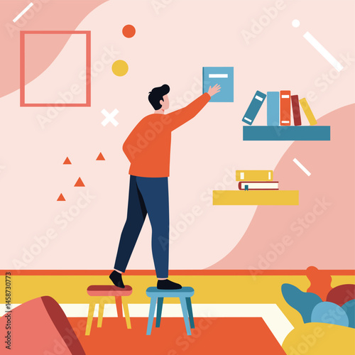 Reaching for Knowledge: An individual thoughtfully reaches for a book on a vibrant shelf, symbolizing a quest for wisdom, with colorful graphic elements enriching the scene.