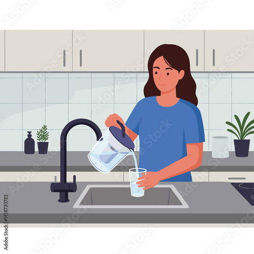 Pouring Water: A woman in a kitchen is pouring fresh water from a pitcher into a glass, a moment captured in bright, vibrant colors emphasizing hydration and well-being.