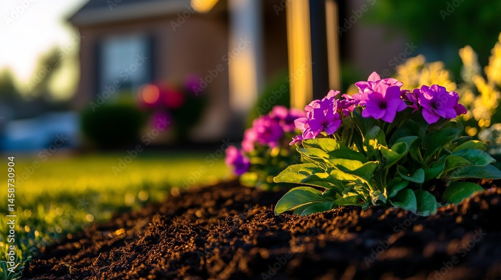 Fototapeta premium Vibrant purple blossoms nestled in garden soil at the edge of the lawn
