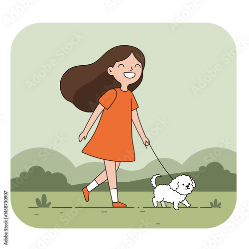 Joyful Walk with Companion: A cheerful illustration depicts a young woman and her fluffy dog, sharing a moment of pure happiness as they stroll together.  