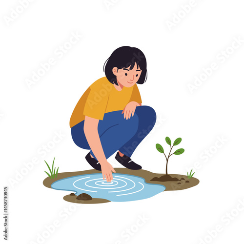 A Touch of Nature: A young person tenderly interacts with water, planting a sapling in a revitalizing embrace of environmental care.