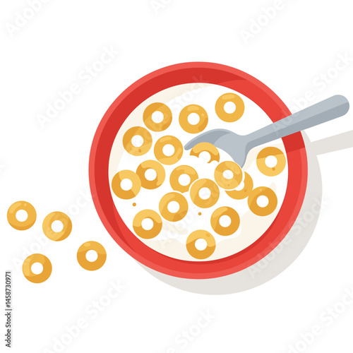 Breakfast Bliss: A delightful breakfast scene featuring a vibrant red bowl brimming with cereal rings swimming in a creamy white liquid and a spoon.