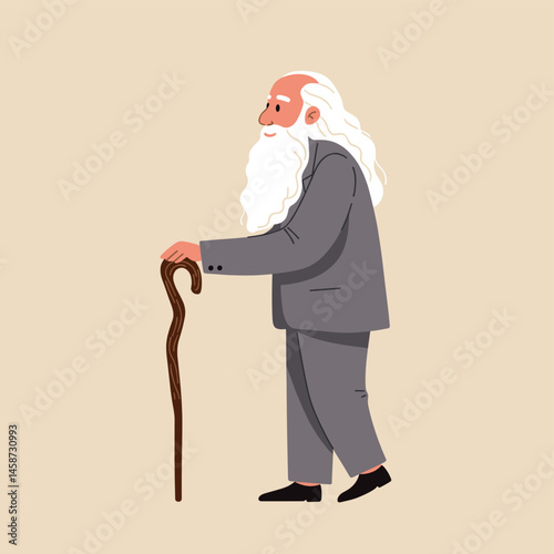 Elderly man with cane: A wise-looking elderly man with a long white beard and hair walks with a cane. He is wearing a grey suit and has a kind smile. He is looking toward his right.