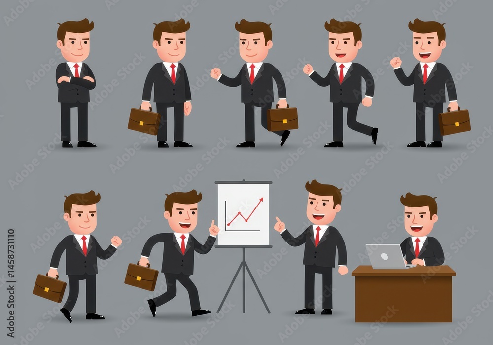 Illustrations of a businessman in various poses with briefcase and presentation board on gray background Illustrations of a businessman in various poses with briefcase and presentation board on gray background