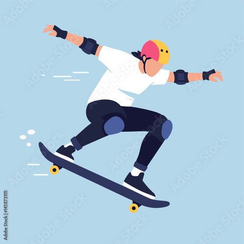 Skateboarding Flair: A dynamic illustration captures a skateboarder in mid-air, showcasing the thrill and freedom of skateboarding culture against a clean background.