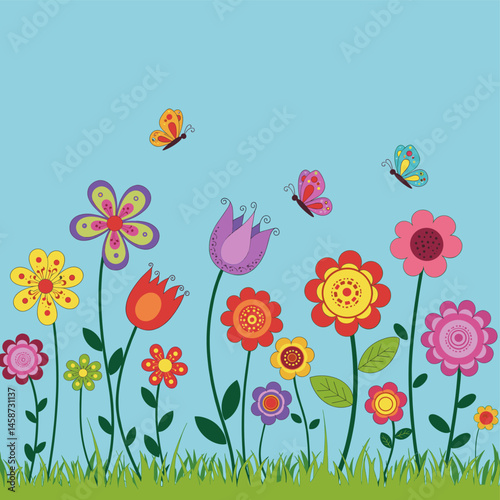 Spring Bloom: A whimsical scene of blooming flowers and fluttering butterflies set against a clear blue sky. A burst of color and a cheerful vibe, perfect for spring!