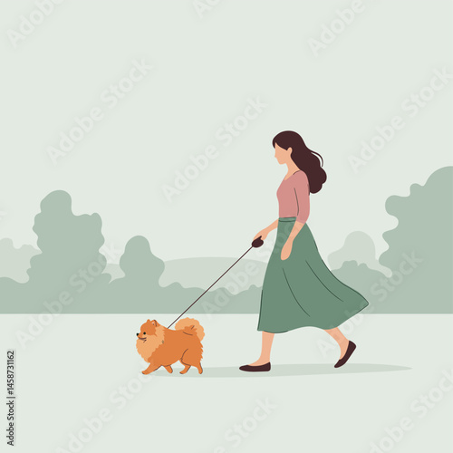 Serene Stroll: A woman enjoying a leisurely walk with her adorable pomeranian dog amidst a park setting, perfect for portraying the joys of pet ownership and outdoor leisure.
