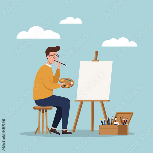 Artist at Work: A young man sits on a stool, thoughtfully holding a paintbrush to his mouth, palette in hand, before an easel with a blank canvas.  He’s surrounded by art supplies in a wooden box.