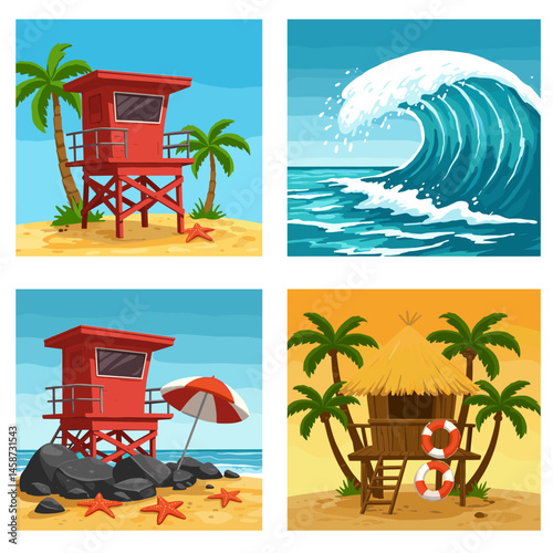Tropical beach scenes with lifeguard towers wave