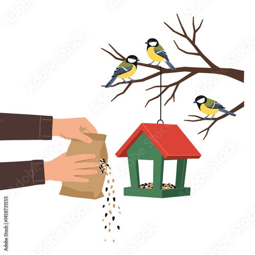Person feeding birds from bird feeder