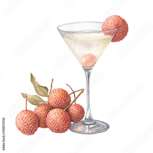 Lychee Martini cocktail crowned with luscious lychee garnish. Watercolor illustration on transparent background.