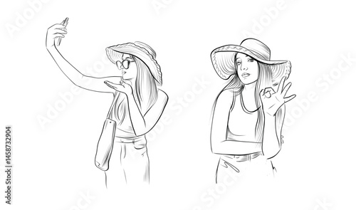 fashionable woman in summer hat making selfies coloring page vector