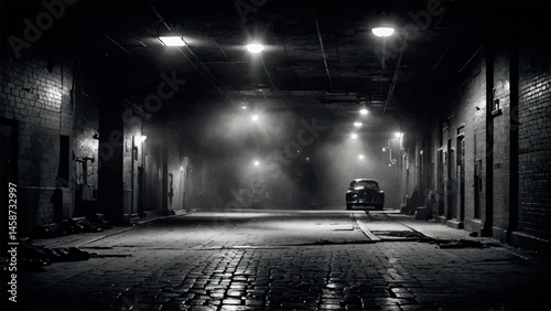 A black and white photograph depicts a dimly lit alleyway at night, with a classic car parked in the center and brick buildings lining both sides, creating a mysterious and atmospheric scene.