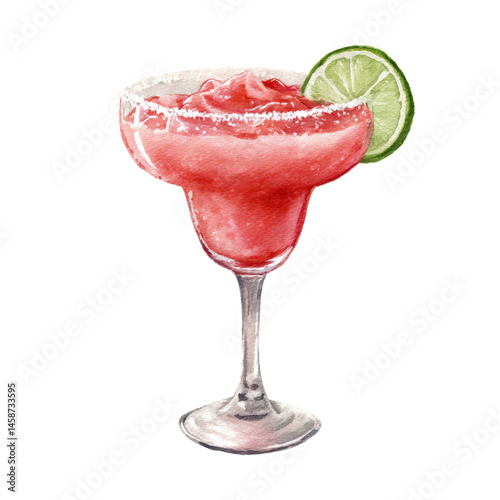 Frozen Strawberry Margarita blended with fruity sweetness. Watercolor illustration on transparent background.