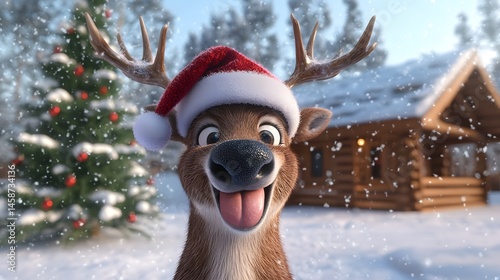 Animated reindeer wearing festive hat in snowy forest scene.
