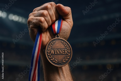 Bronze Medal Held Tightly in Fist, Symbolizing Victory and Third Place Achievement, Shows Determination and Accomplishment After Competition.