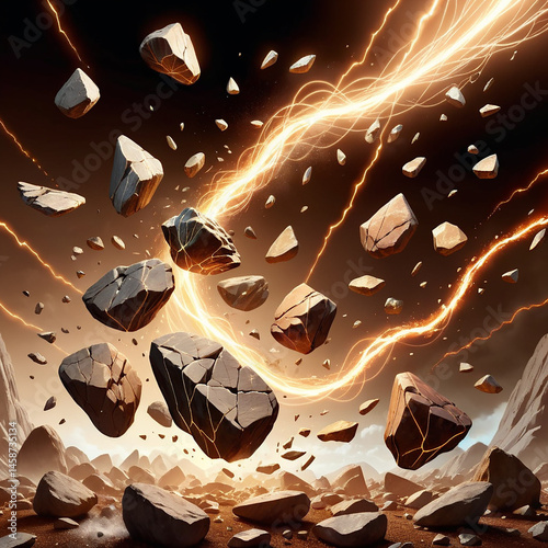 Erupting rocks surrounded by dynamic energy on a dramatic landscape creating a mesmerizing scene filled with motion and power.