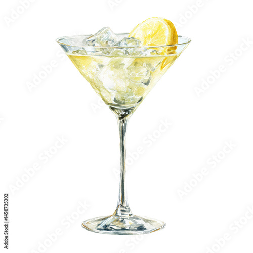 Lemon Drop Martini cocktail with sugared rim and citrus sparkle. Watercolor illustration on transparent background.
