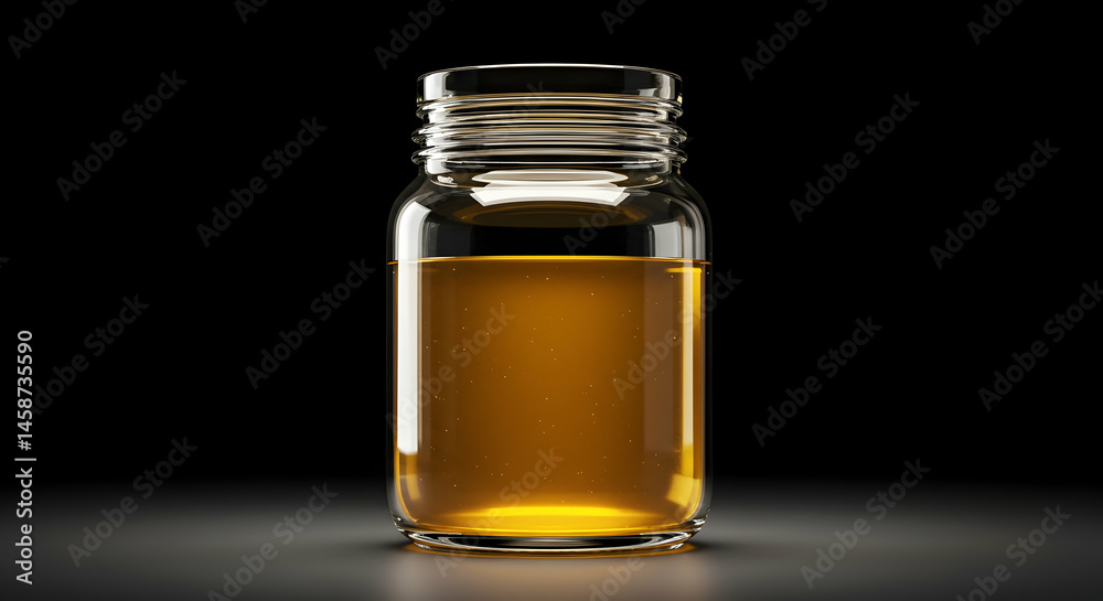 Transparent glass jar filled with golden liquid on black background Transparent glass jar filled with golden liquid on black background