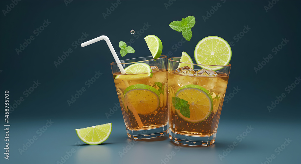 Fototapeta premium Refreshing Citrus Drinks with Mint and Lime on Dark Background