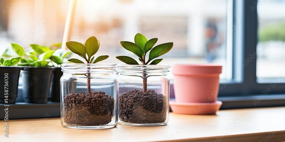 Indoor plants in glass jars on a windowsill with soft natural light