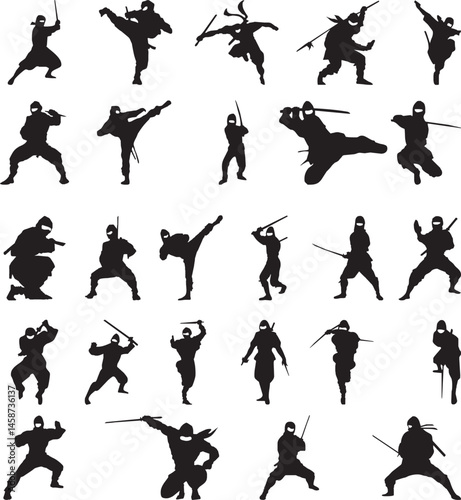 vector silhouettes set of ninja  silhouettes, Japanese-inspired of skiers.